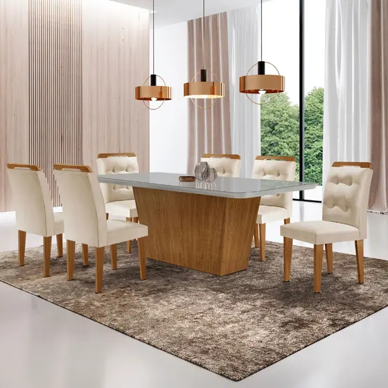 Mesa para Sala de Jantar Aida 180cm MDF Canto Copo com Vidro e 6 Cadeiras Carol