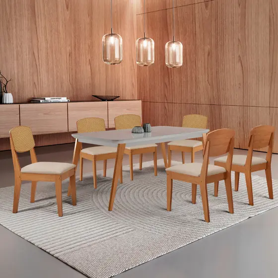 Mesa de Jantar Copper 180cm Tampo Canto Copo MDF Vidro com 6 Cadeiras Copper Premium Moderna Mobília