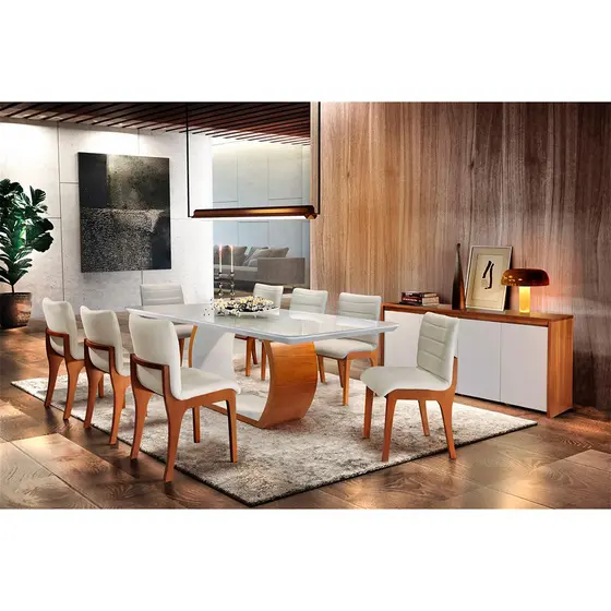 Conjunto Sala De Jantar Madeira Premium Bella 220cm com 8 cadeiras Madeira Tampo com Vidro Mobillare