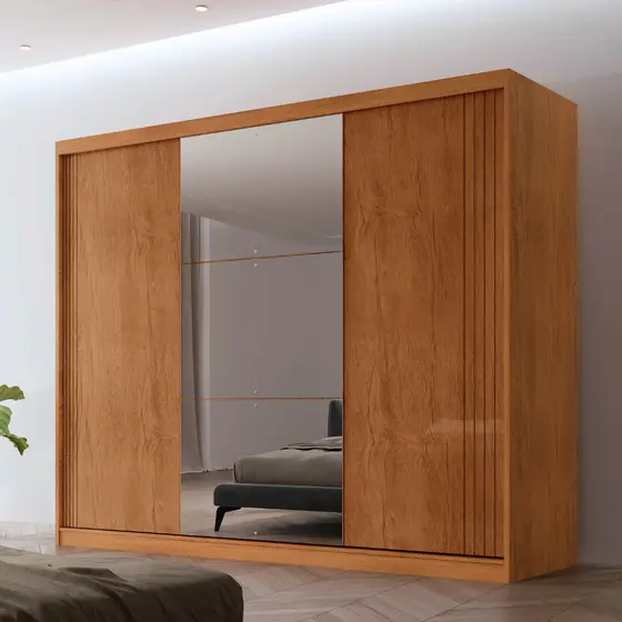 Guarda Roupa Casal Connor MDF 3 Portas e 4 Gavetas 6 Prateleiras com Espelho Moderna Mobília