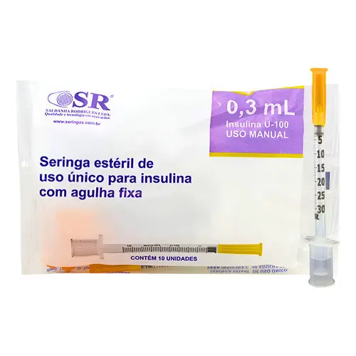 Seringa Insulina 0,3ml Agulha Fixa 6x0,25mm Sr 10 Unidades 0,3 Ml