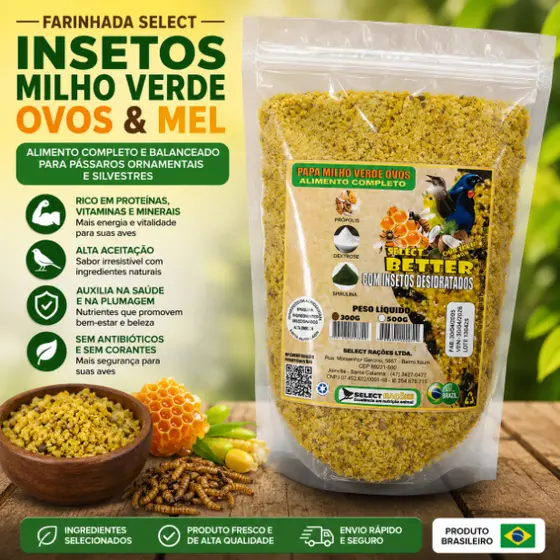 Farinhada Select com Insetos Milho Verde Ovos e Mel para Pássaros 300g