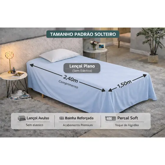 Lençol Plano Solteiro Casal e Queen Percal Ultra Soft 400 Fios Respirável com Bainha