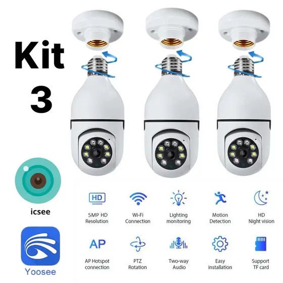 KIT 1 - 3 un Câmera wifi sem fio giratória 360 com encaixe lampada bocal rosca ptz full HD visão segurança yoosee icsee