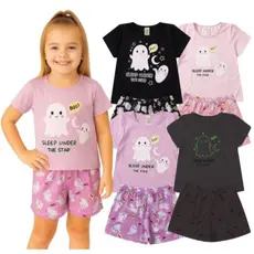 Pijama Infantil Feminino Verão Boo - Hey Kids - Rosa Claro BRILHA NO ESCURO