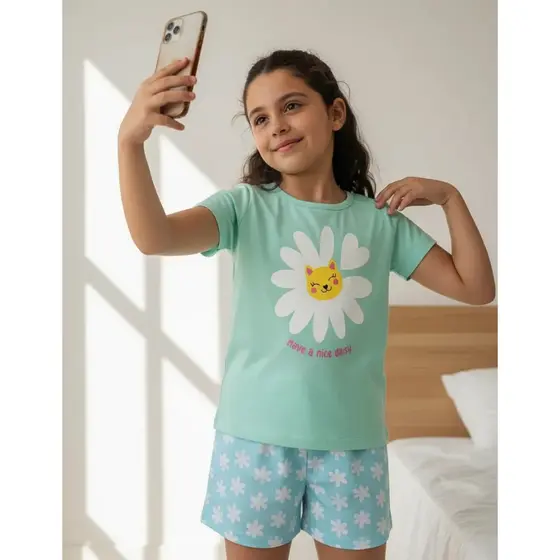 Pijama Infantil Feminino Verão Have a Nice Daisy  - Hey Kids - Azul Claro