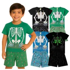 Pijama Infantil Masculino Verão Esqueleto - Hey Kids Preto BRILHA NO ESCURO