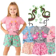 Pijama Infantil Feminino Brilha No Escuro Verão Flamingo Hey Kids Conjunto Blusa e Shorts Algodão