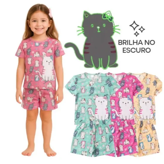Pijama Conjunto Infantil Feminino Brilha No Escuro Verão Gata Algodão Tam 1 ao 14 -  Hey Kids