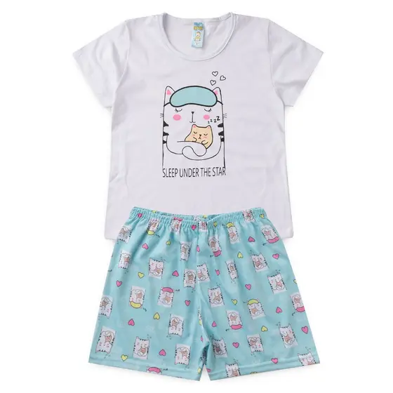 Pijama Infantil Feminino Verão Sleep Cat - Hey Kids - Branco