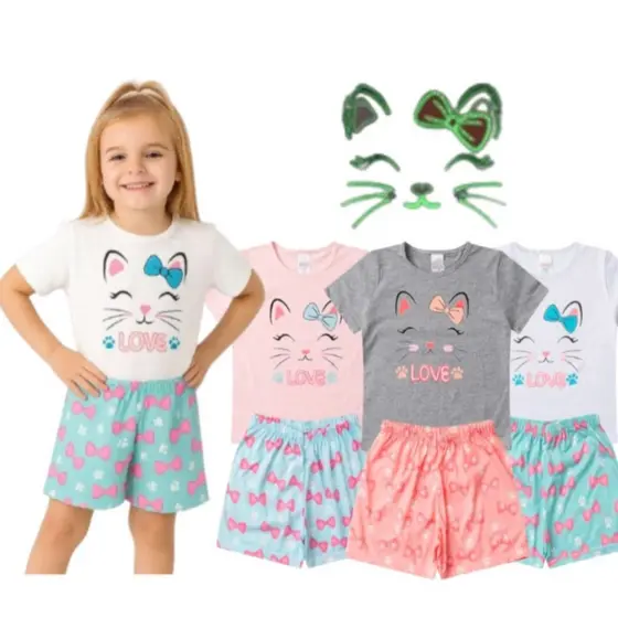 Pijama Infantil Feminino Verão Gatinha Coração