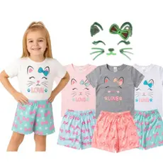 Pijama Infantil Feminino Verão Gatinha Coração