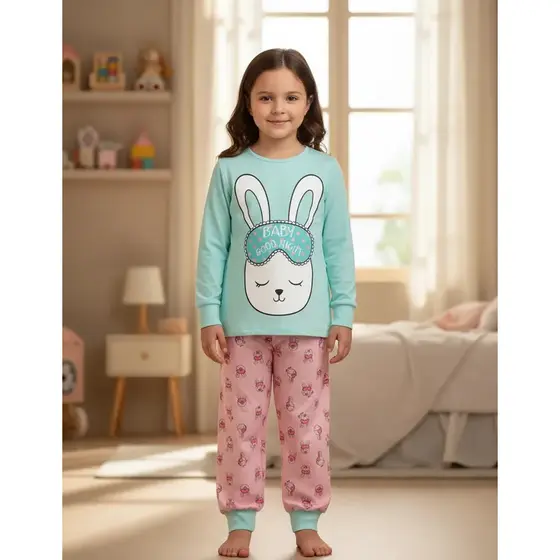Pijama Infantil Feminino Inverno Coelho - Hey Kids Azul Claro