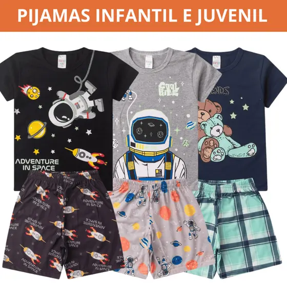 Pijama Infantil Menino Verão Estampado Confortável Divertido Tam 1 ao 14