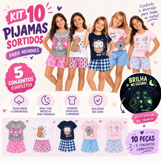Kit Pijama Conjunto Infantil Feminino Sortido Brilha No Escuro Juvenil 4 a 10 Peças Verão Tam 1 a 14