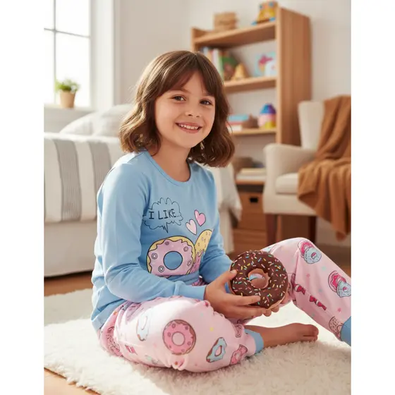 PIJAMA INFANTIL FEMININO DONUTS COM PUNHO AZUL