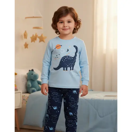 Pijama Infantil Masculino Inverno Dino - Hey Kids Azul Claro