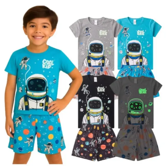 Pijama Conjunto Infantil Masculino Menino Brilha No Escuro Verão Astronauta Hey Kids Algodão Tam 1 ao 14