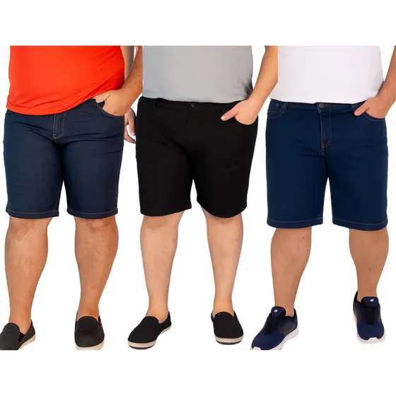 Kit 3 Bermuda Short Plus Size Elastano Sport Fino Calção Sarja Alfaiataria