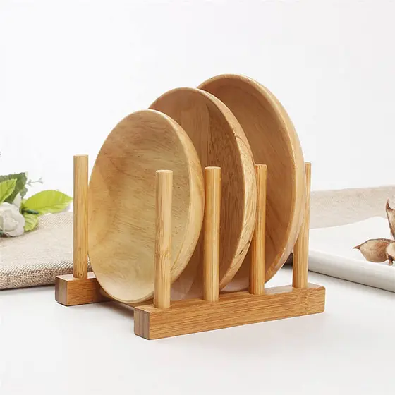 Suporte Escorredor Porta Pratos De Bancada De Bambu 4 Divisorias 21cm x 13cm