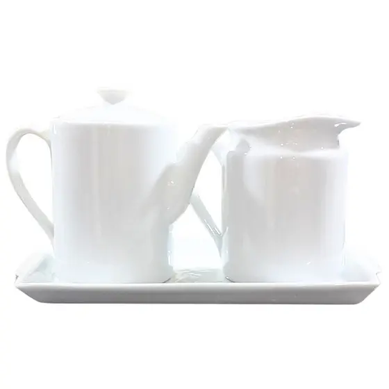 Jogo Café e Chá Mesa Posta, Bandeja + Bule bico longo 800ml + Jarra Leiteira 800ml - Kit Porcelana Branca