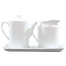 Jogo Café e Chá Mesa Posta, Bandeja + Bule bico longo 800ml + Jarra Leiteira 800ml - Kit Porcelana Branca