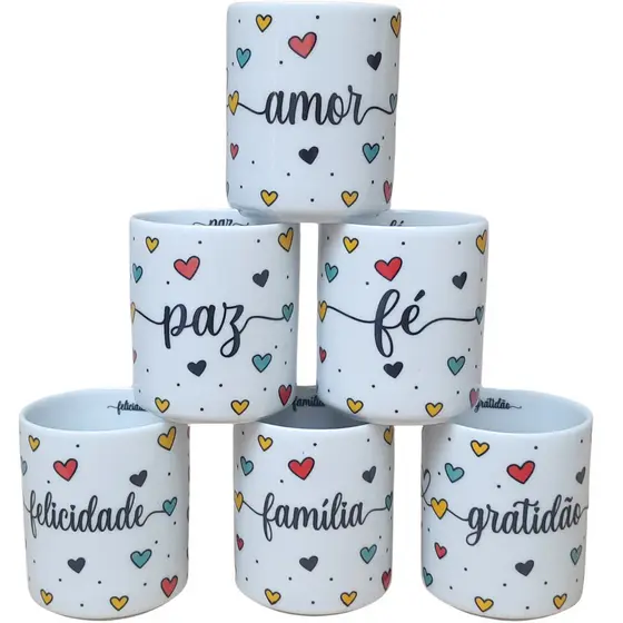 Kit Jogo Copos 300ml Frases Motivacionais Porcelana Decorada
