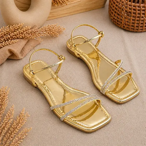 Sandalia Rasteira Feminina Strass Casual Elegante Confortável Rasteirinha Delicada Passeio Dia a Dia