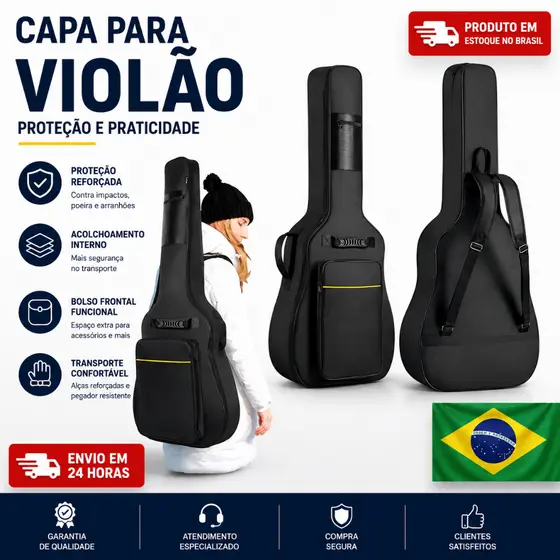 Capa Bag Case Mochila para Violão Classico Folk Guitarra Acolchoada Com Alças e Bolsos
