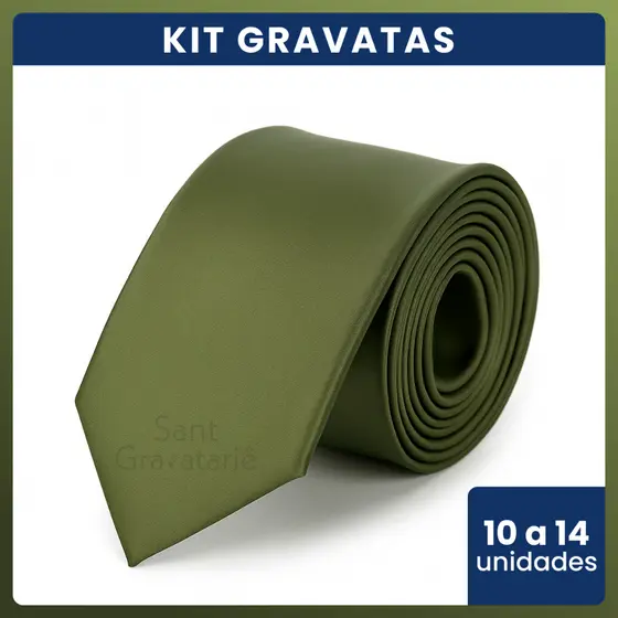 Kit 12 Gravatas Verde Oliva Social Cetim Semi Slim para Padrinhos Casamento Congresso Eventos Noivos