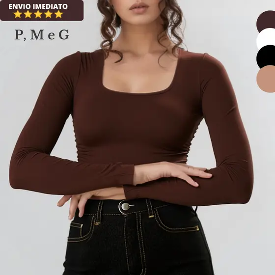Blusa Feminina Manga Longa Decote Quadrado de Suplex Básica