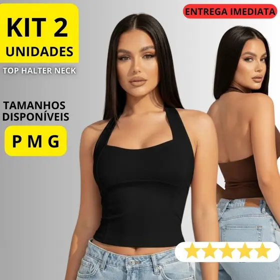 KIT 2 Blusa Feminina Top Halter Frente Única Costas Nuas Cropped Halter Neck Verão Tendência