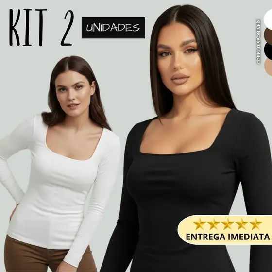 Kit 2 Blusa Feminina Manga Longa Suplex Decote Quadrado Suplex Toque de Poliamida Academia Proteção UV Segunda Pele