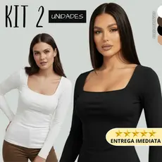 Kit 2 Blusa Feminina Manga Longa Suplex Decote Quadrado Suplex Toque de Poliamida Academia Proteção UV Segunda Pele