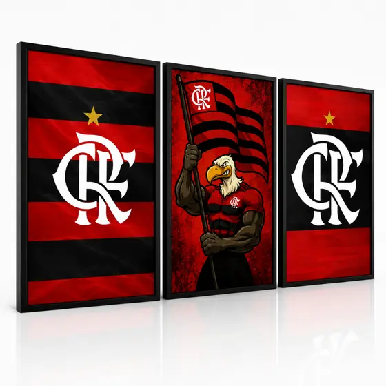 Kit 3 Quadros Flamengo CRF Decorativos  – Decoração Rubro-Negro para Sala, Quarto e Escritório