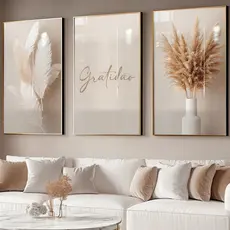 Quadros trio decorativo Gratidão Ramo de Trigo Prosperidade Branco Moderno para Sala Hall Escritório