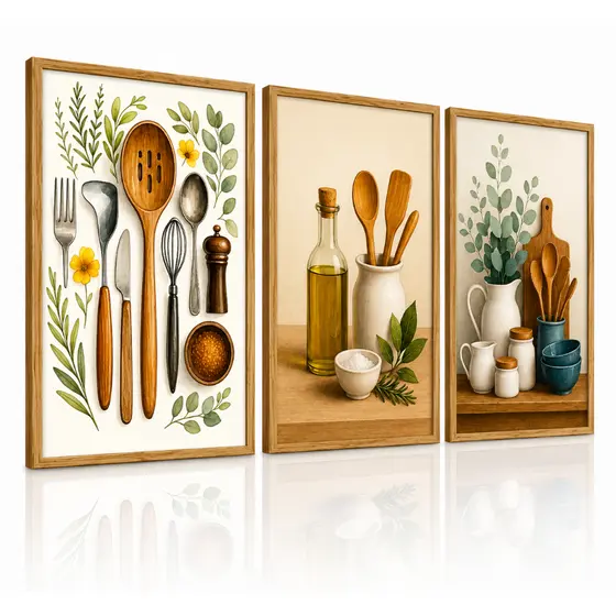 Kit 3 Quadros Decorativos Cozinha Gourmet Floral Plantas Elegante Sala Jantar Parede