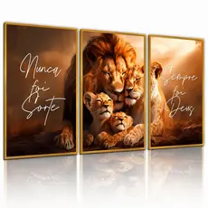 Kit 3 Quadros Leão Frases Motivacionais 122x60 – Decoração Sala, Escritório e Ambiente Moderno Sala
