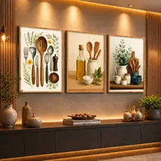 Kit 3 Quadros Cozinha Gourmet Moderno Utensílios Decorativos Parede Sala Jantar Luxo