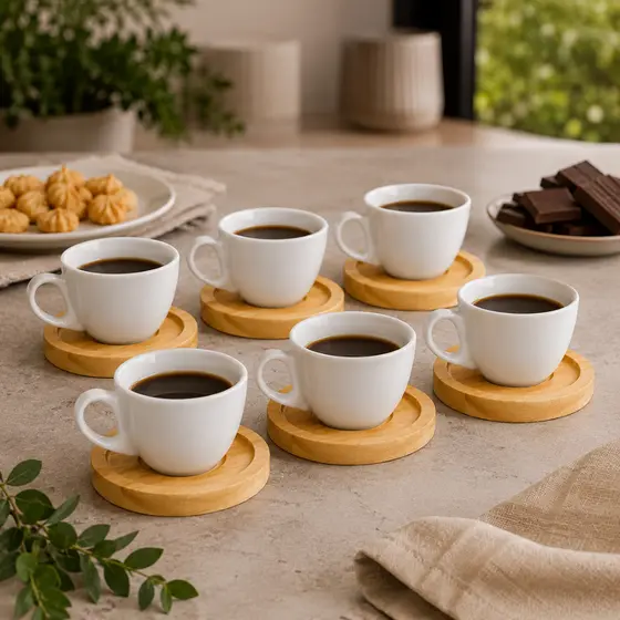 Kit 6 Xícaras De Porcelana 60ml Com Pires De Madeira Café Expresso Chá Mesa Posta Presente Sofisticado