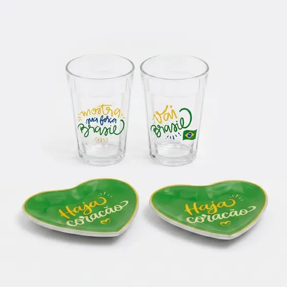 Kit 2 Petisqueiras Coração Vidro Copa do Mundo Brasil com 2 Copos 190ml Petiscos Torcida Brasileira