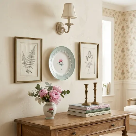 Prato Decorativo Cerâmica 20cm com Suporte Flor Rosa Mesa Sala Aparador Decoração Clássica