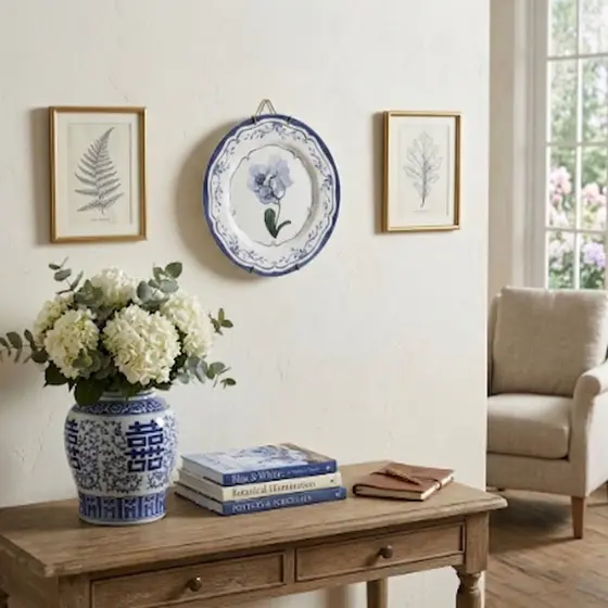 Prato Decorativo Cerâmica 20cm com Suporte Flores Azuis Mesa Sala Aparador Decoração Clássica