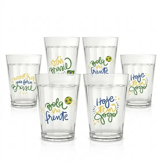 Conjunto 6 Copos Americanos de Vidro 190ml Copa do Mundo Brasil Torcida Brasileira Jogo Petiscos