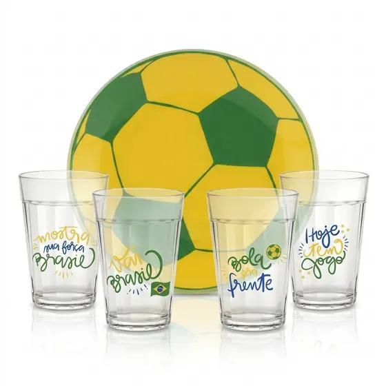 Kit Bowl Petisqueira Bola de Vidro Copa do Mundo Brasil com 4 Copos 190ml Jogo Torcida Brasileira