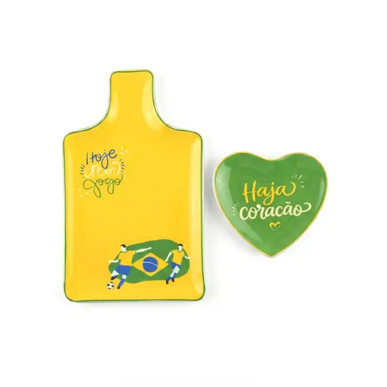 Kit Tábua e Petisqueira de Vidro Coração Copa do Mundo Brasil Travessas Petiscos Torcida Brasileira