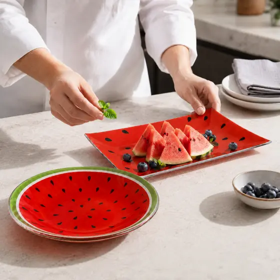 Conjunto 2 travessa de Vidro Melancia Redonda e Retangular prato Para Servir Salada Doce Fruta Decoração
