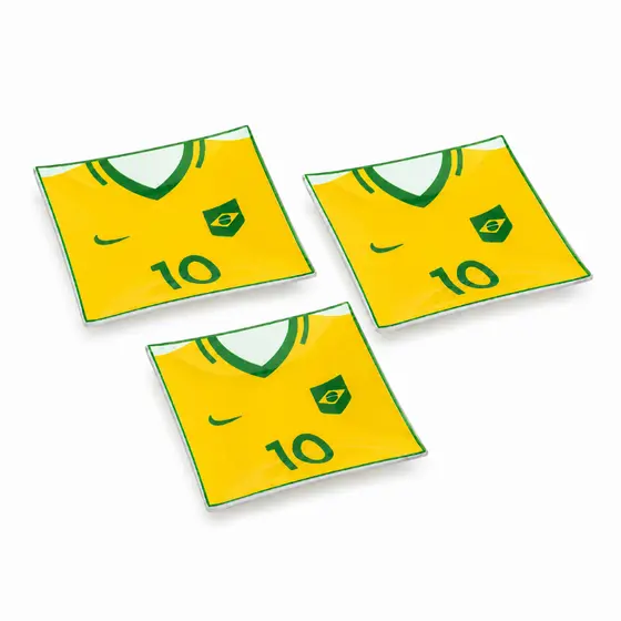 Kit 3 Prato Quadrado de Vidro Camiseta Copa do Mundo Para Torcida Futebol Mesa Posta Decoração Temática