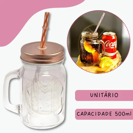Caneca Vintage Rosê Vidro Copo 500ML Retrô Com Canudo E Tampa