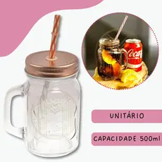 Caneca Vintage Rosê Vidro Copo 500ML Retrô Com Canudo E Tampa